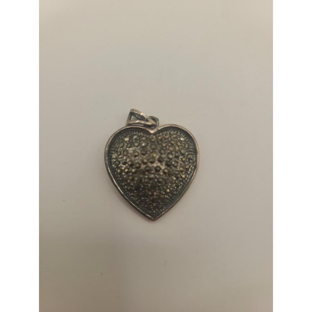 Vintage Sterling Silver 925 Marcasite Pave Heart Pendant Necklace Charm